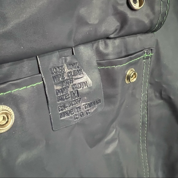 Vintage Vinyl Apple Green & Navy Retro Raincoat with Hood Drawstring Like New  M - Picture 16 of 16